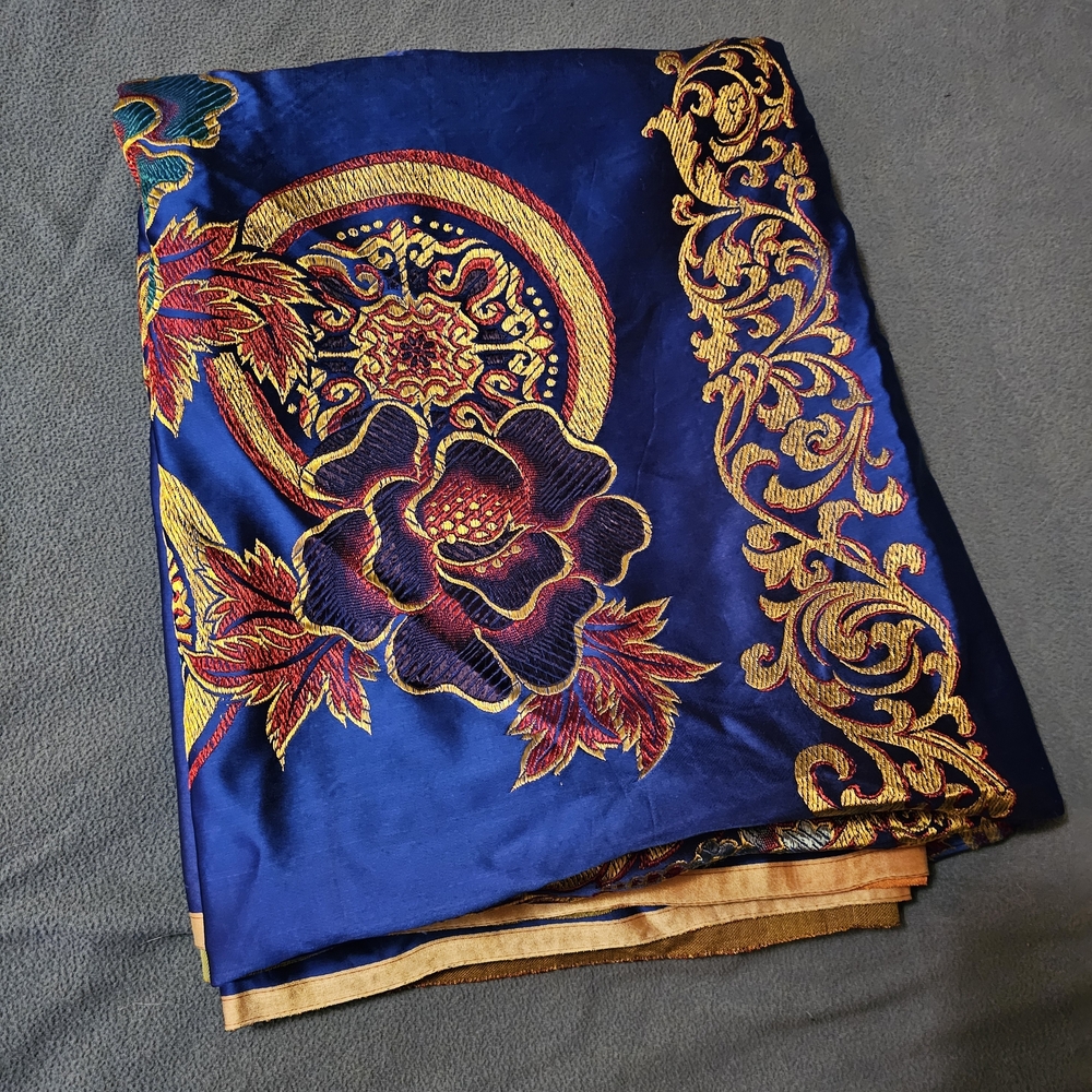 Vintage Blue Brocaded Vietnamese Fantasy Silk Tapestry Tablecloth 80 X 56